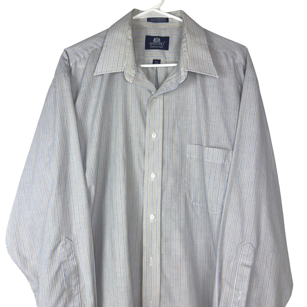 Stafford Wrinkle‎ Free Broadcloth Striped Long Sleeve Dress Shirt Men Neck 17.5